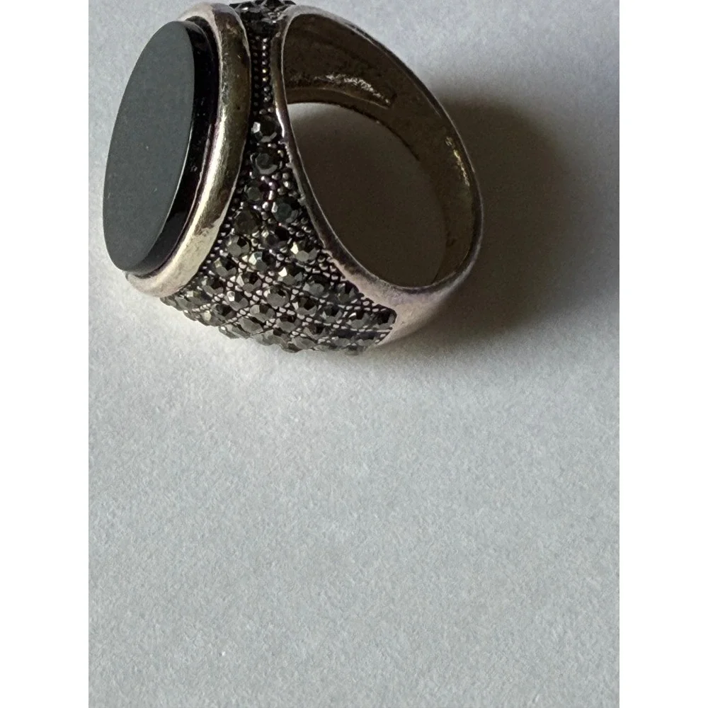 Cyber Goth Black Onyx Marcasite Signet Ring Size 8.25
